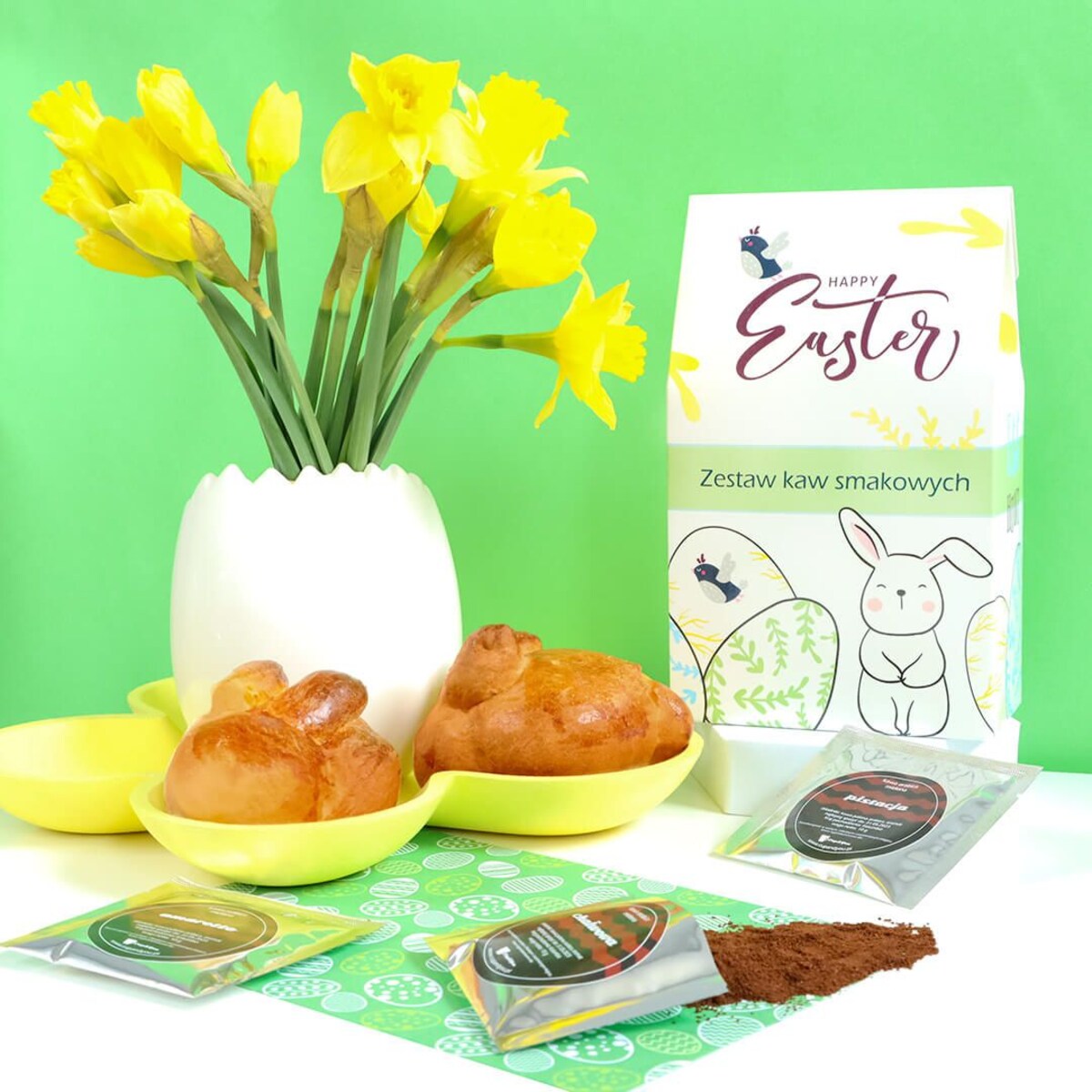 Zestaw kaw aromatyzowanych mielonych HAPPY EASTER mix 10 smaków - prezent upominek box paczka na Wielkanoc Zajączka dla kobiety faceta