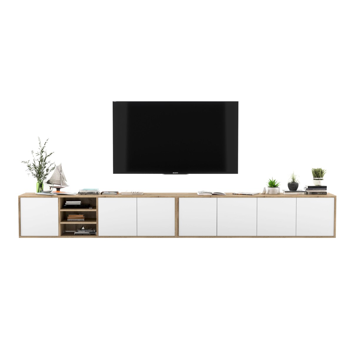 Wisząca szafka RTV Loft Industrialna Dąb Wotan Biały MAT 300 cm