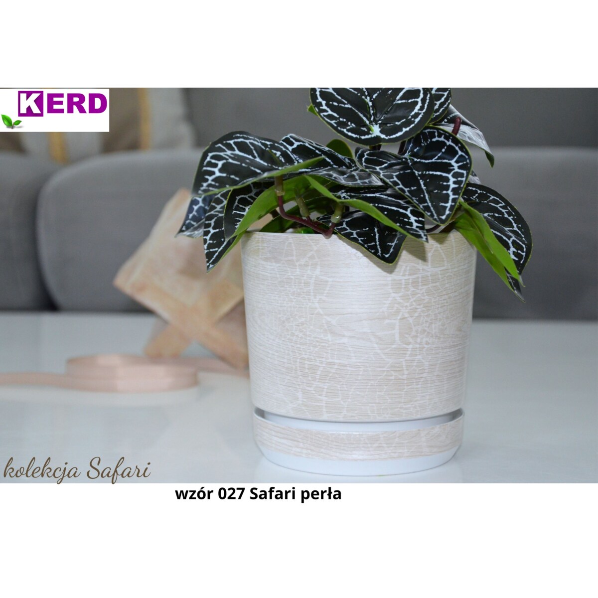 18 cm wzór SAFARI PERŁA Doniczka z podstawką efekt drewna tekstura bielonej deski niezwykły deseń