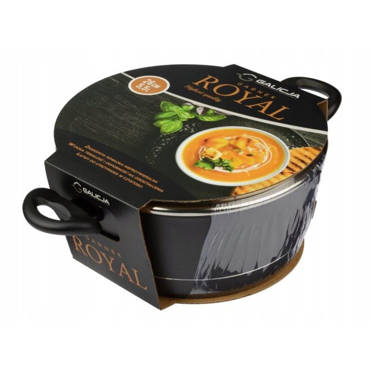 GARNEK 26 cm 5,5 L ROYAL GALICJA czarny indukcja pokrywka do gotowania
