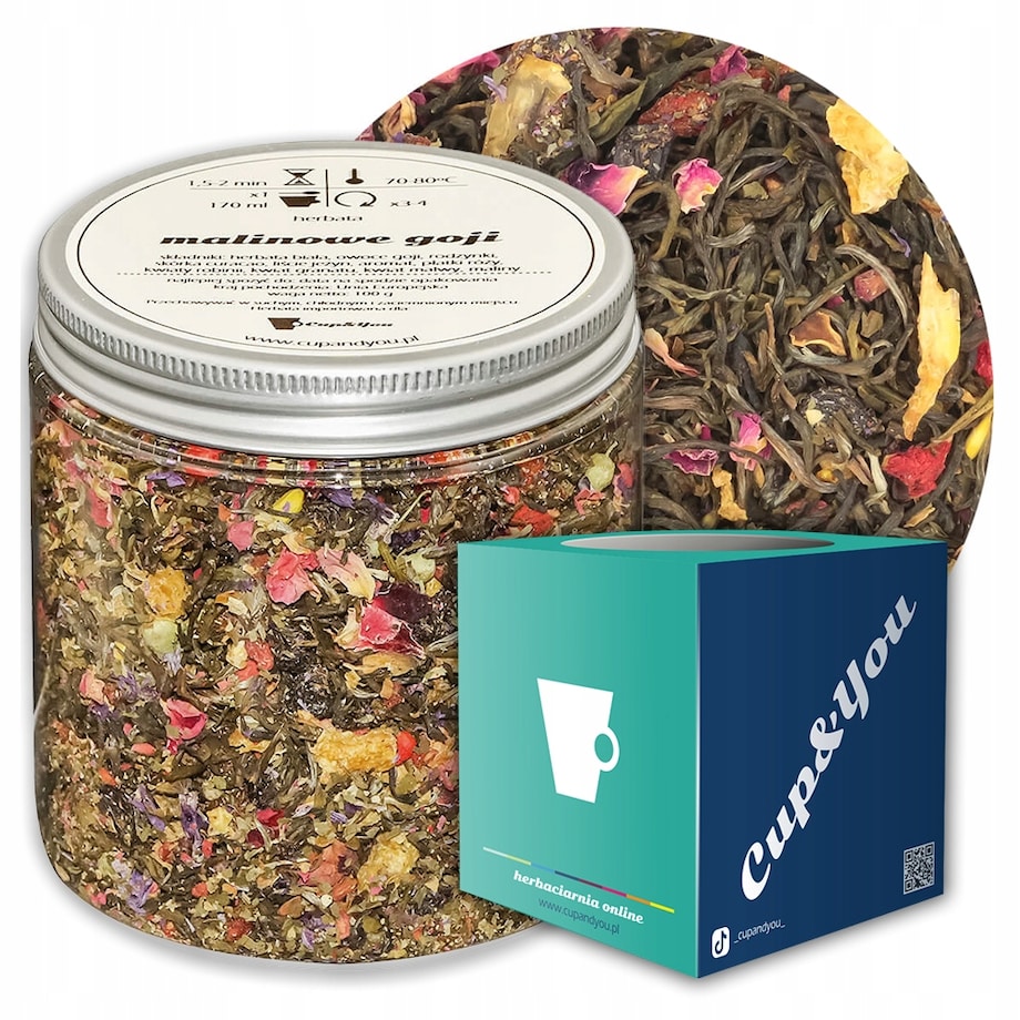 Herbata biała MALINOWE GOJI o smaku orientalnego goji z nutą maliny PREMIUM - herbata liściasta sypana mieszanka napar susz - gotowa na prezent upominek