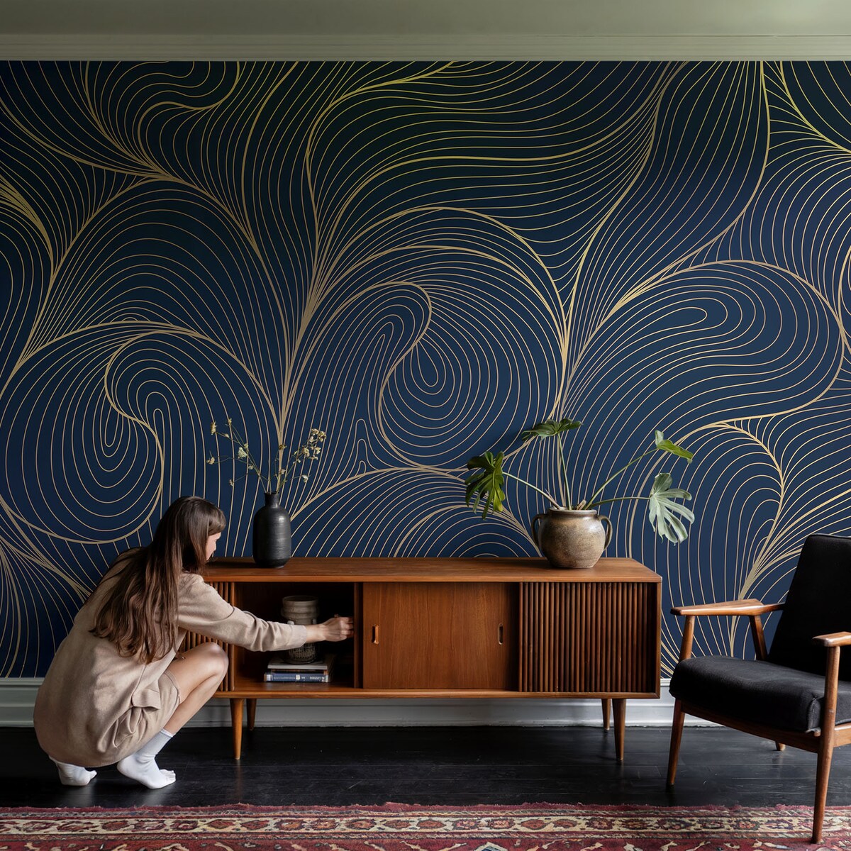 Fototapeta flizelinowa 208x146 cm - Falisty motyw, tapeta ścienna granatowa