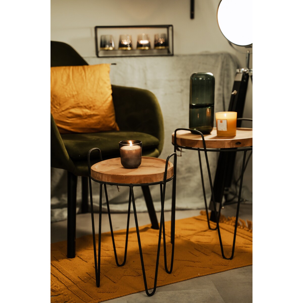 Stoliki kawowe z drewna tekowego, 2 sztuki, metalowy stelaż