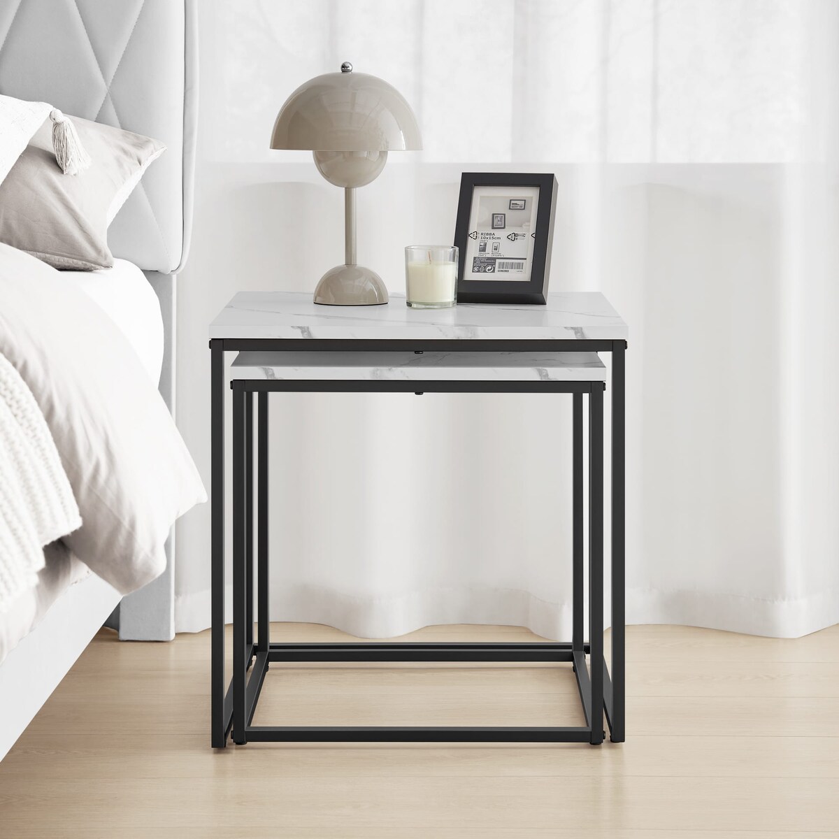 Stolik Kawowy Kwadrat 2Szt Marmur, Czarny