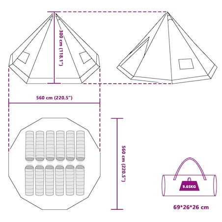 vidaXL Rodzinny namiot tipi z dachem Zielony 560 x 560 x 300 cm