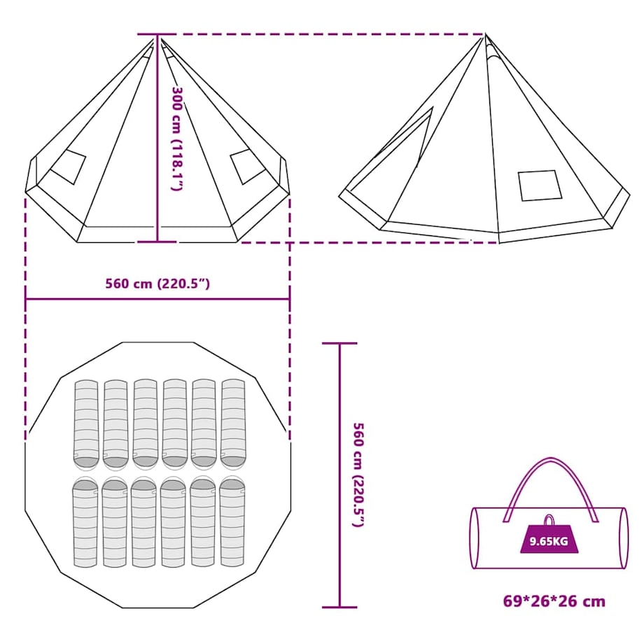 vidaXL Rodzinny namiot tipi z dachem Zielony 560 x 560 x 300 cm