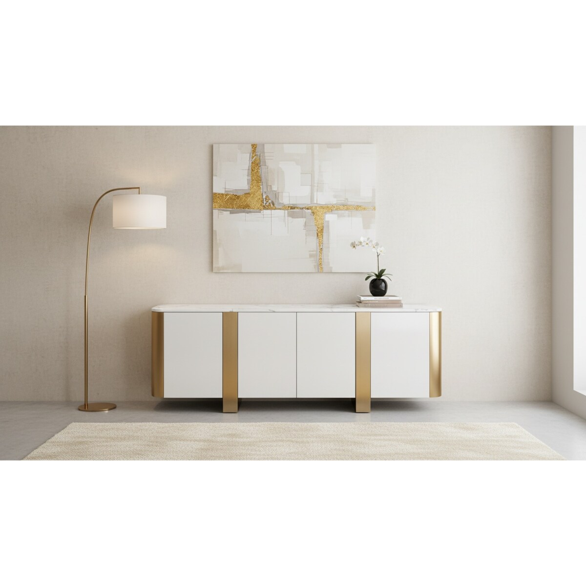 Szafka RTV złota Ola Glamour Premium z blatem marmurowym 200x40x85