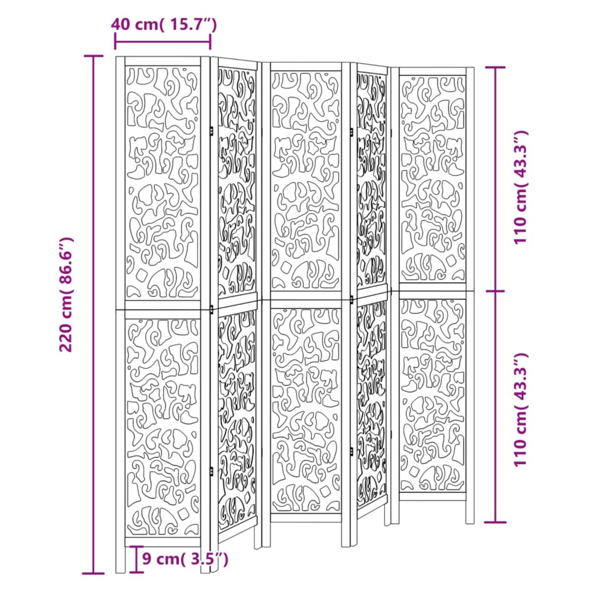 vidaXL Parawan pokojowy, 5-panelowy, czarny, lite drewno paulowni