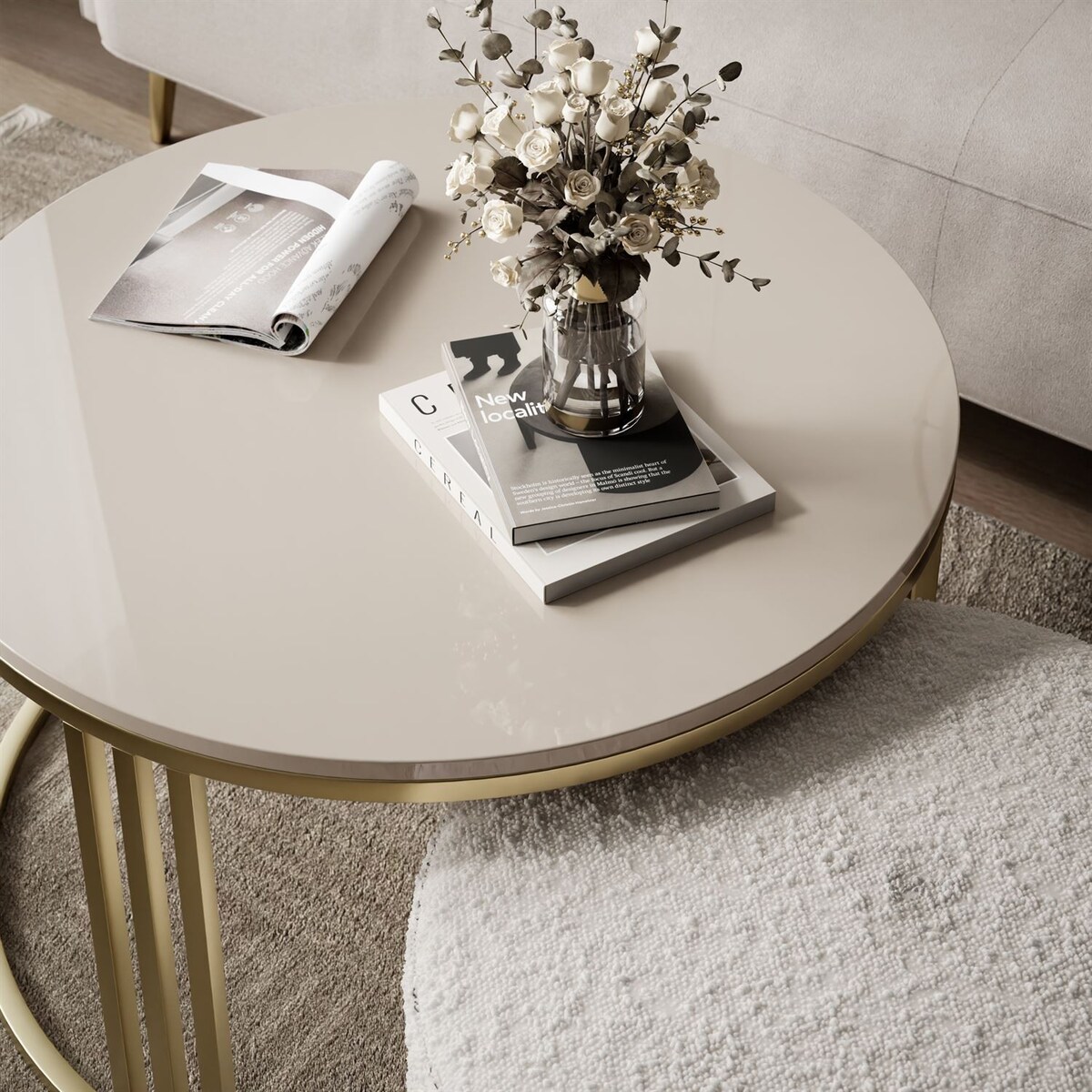 Stolik kawowy z pufą LORI POŁYSK złoto szczotkowane, kaszmir / Coral 65