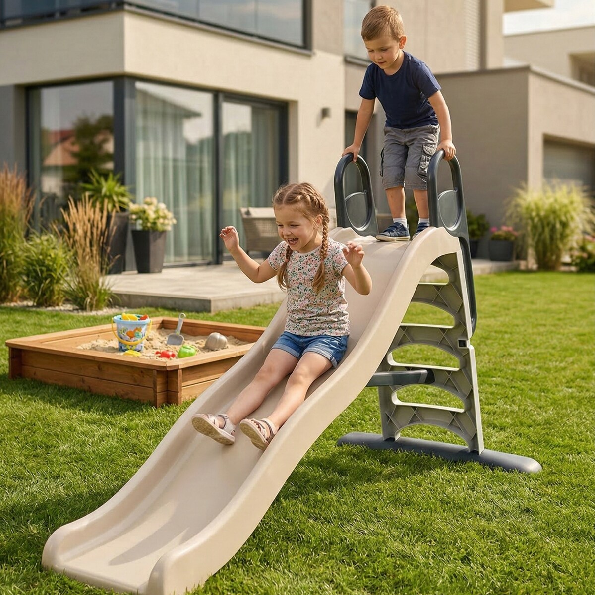 Domek ogrodowy dla dzieci ze stolikiem + zjeżdzalnia XXL do zabawy w ogrodzie zestaw beżowy