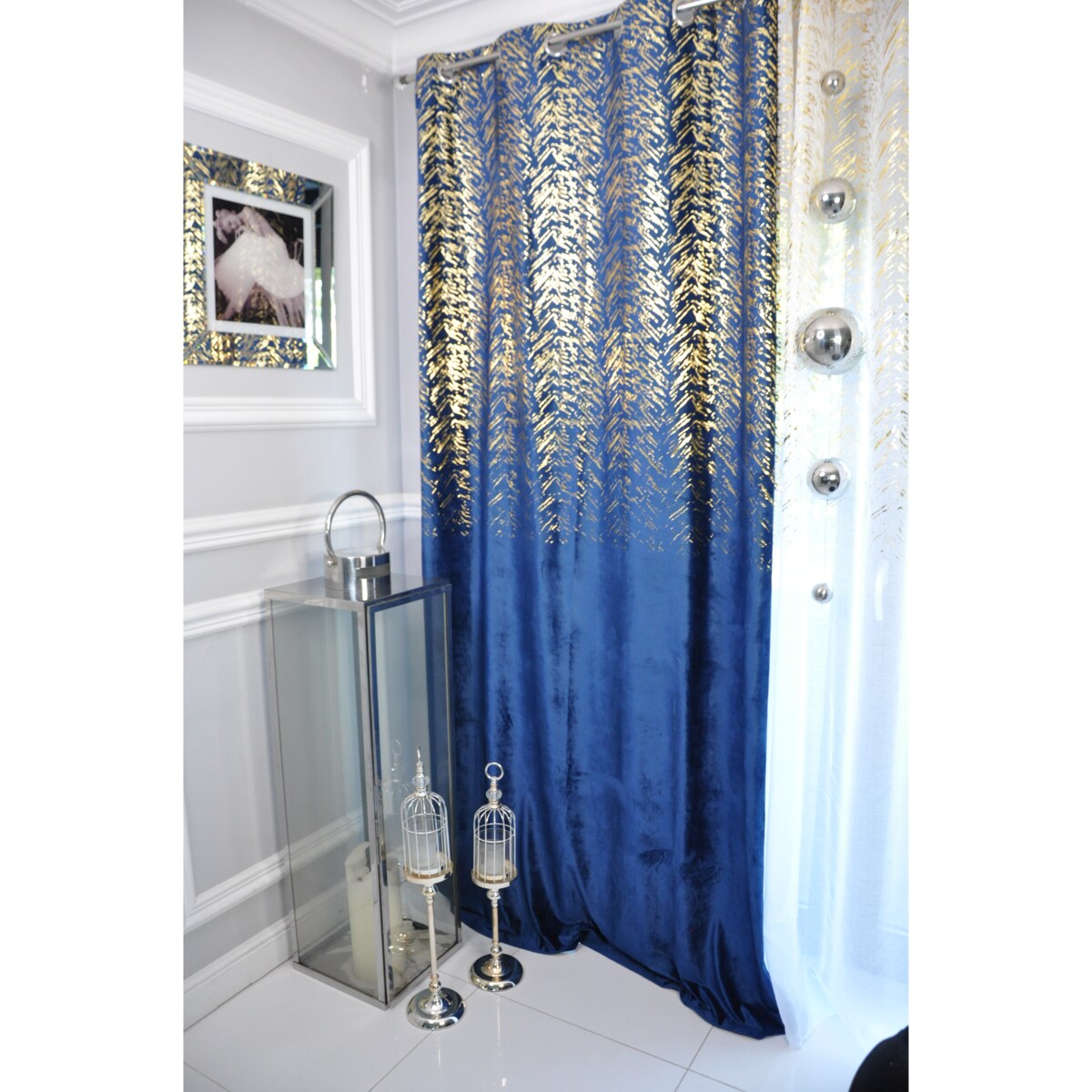 zasłona welurowa "velvet glow" złoty print 140x250 cm granat