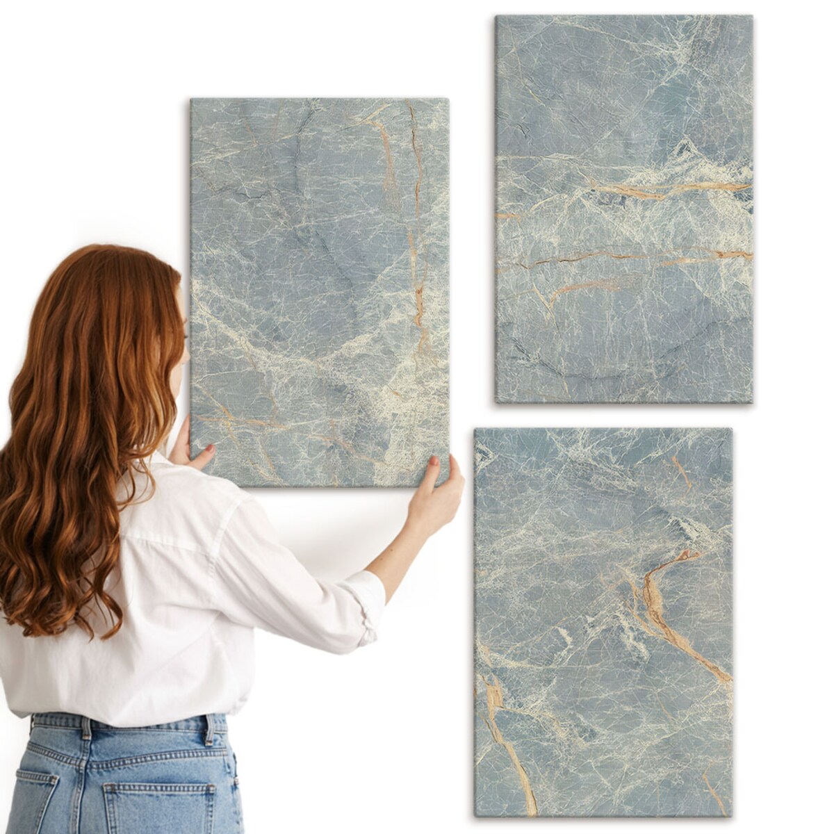 Zestaw 3 dużych obrazów na płótnie - Zielony marmur ozdobny kamień - zielony