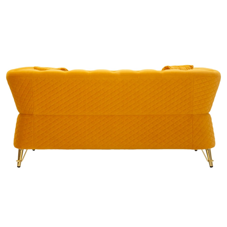 Sofa Emy, kolor musztardowy i złoty, poliester, drewno eukaliptusowe, drewno sosnowe, sklejka i metal, 162 x 83 x 76 cm, do salonu, Mauro Ferretti