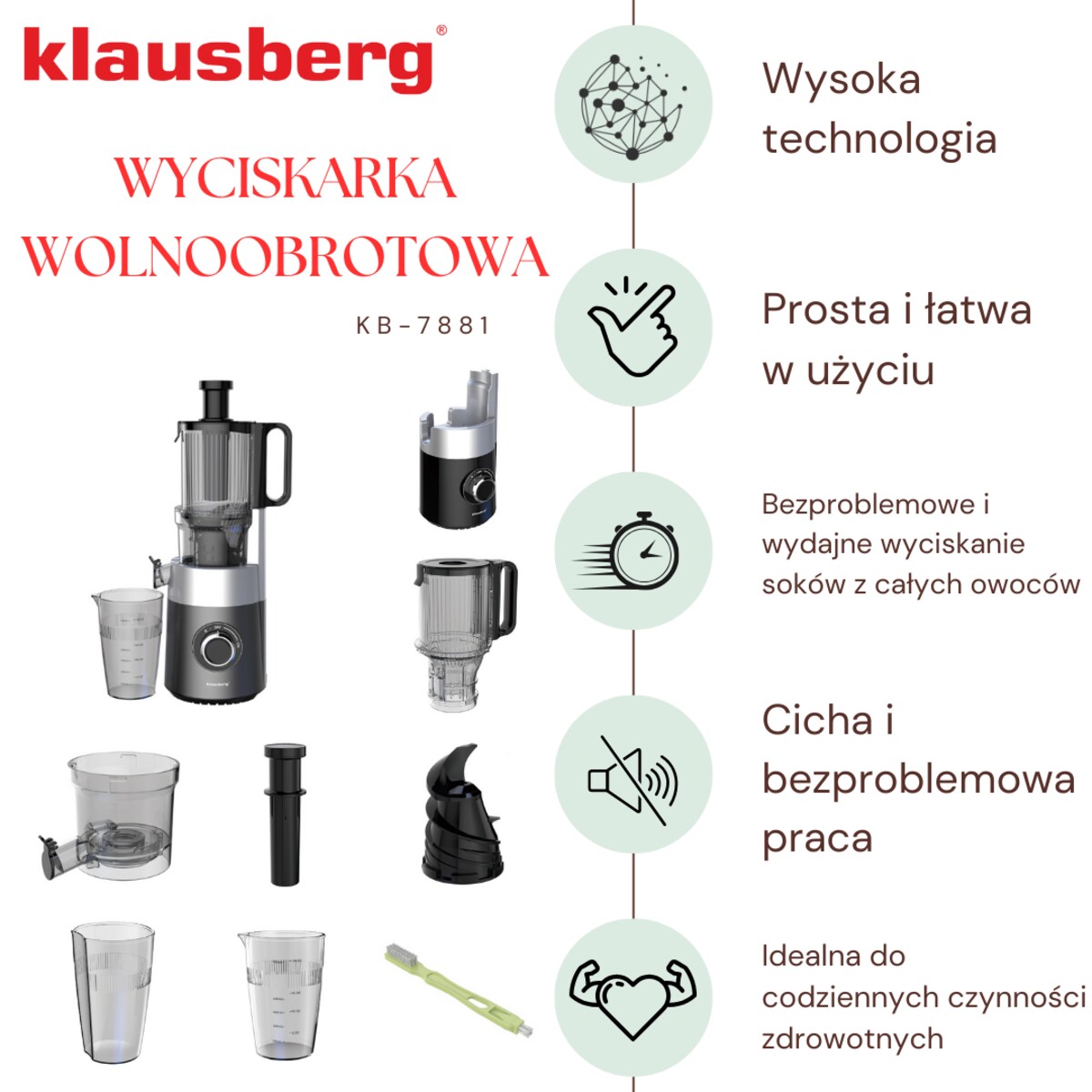 Sokowirówka wolnoobrotowa 180W do owoców i warzyw COLD PRESS KLAUSBERG KB-7881