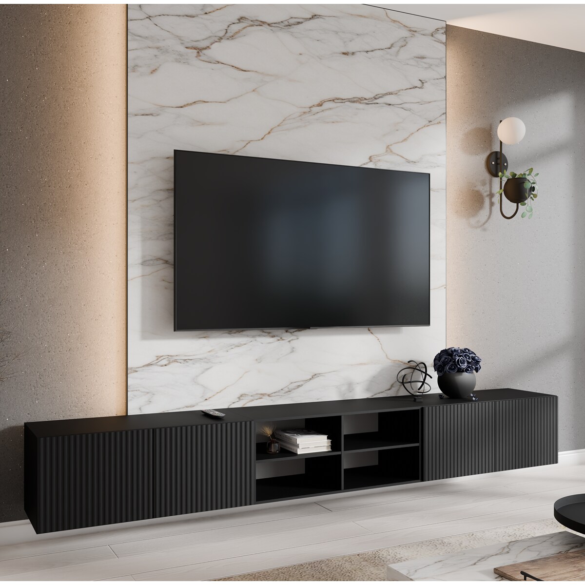 Szafka RTV NOELI 300 otwarta z półkami do salonu, ryflowana- czarna
