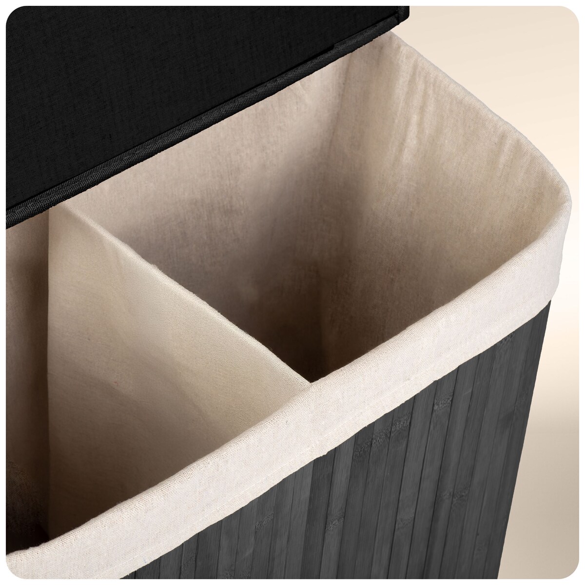 Massido, bambusowy kosz na pranie z pokrywą dwukomorowy 100l, czarny 61x54x34 cm