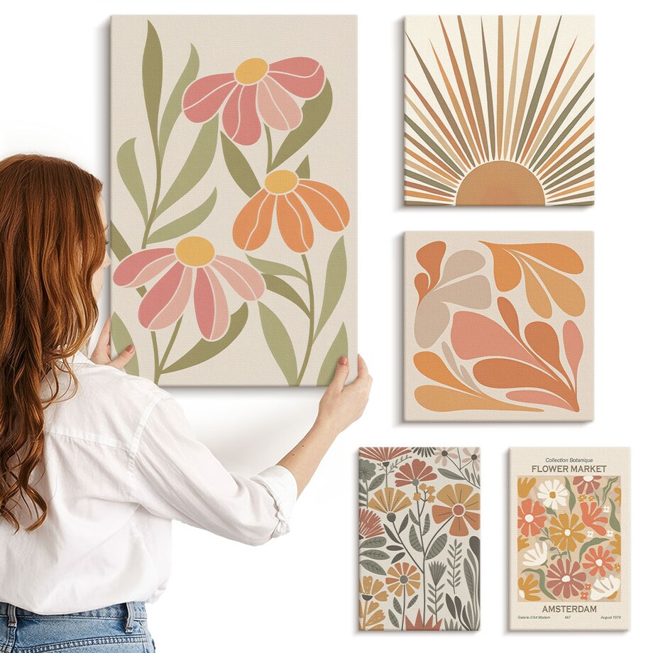 Zestaw 5 obrazów na płótnie - Styl boho kwiaty geometryczne - pomarańczowy