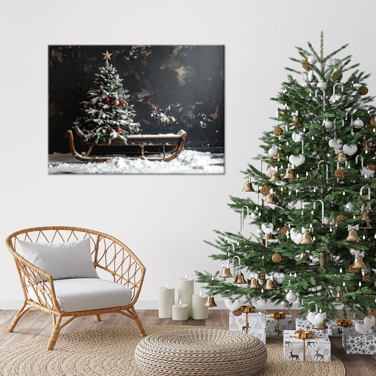 Obraz do salonu kuchni biura, Choinka boże narodzenie sanki śnieg