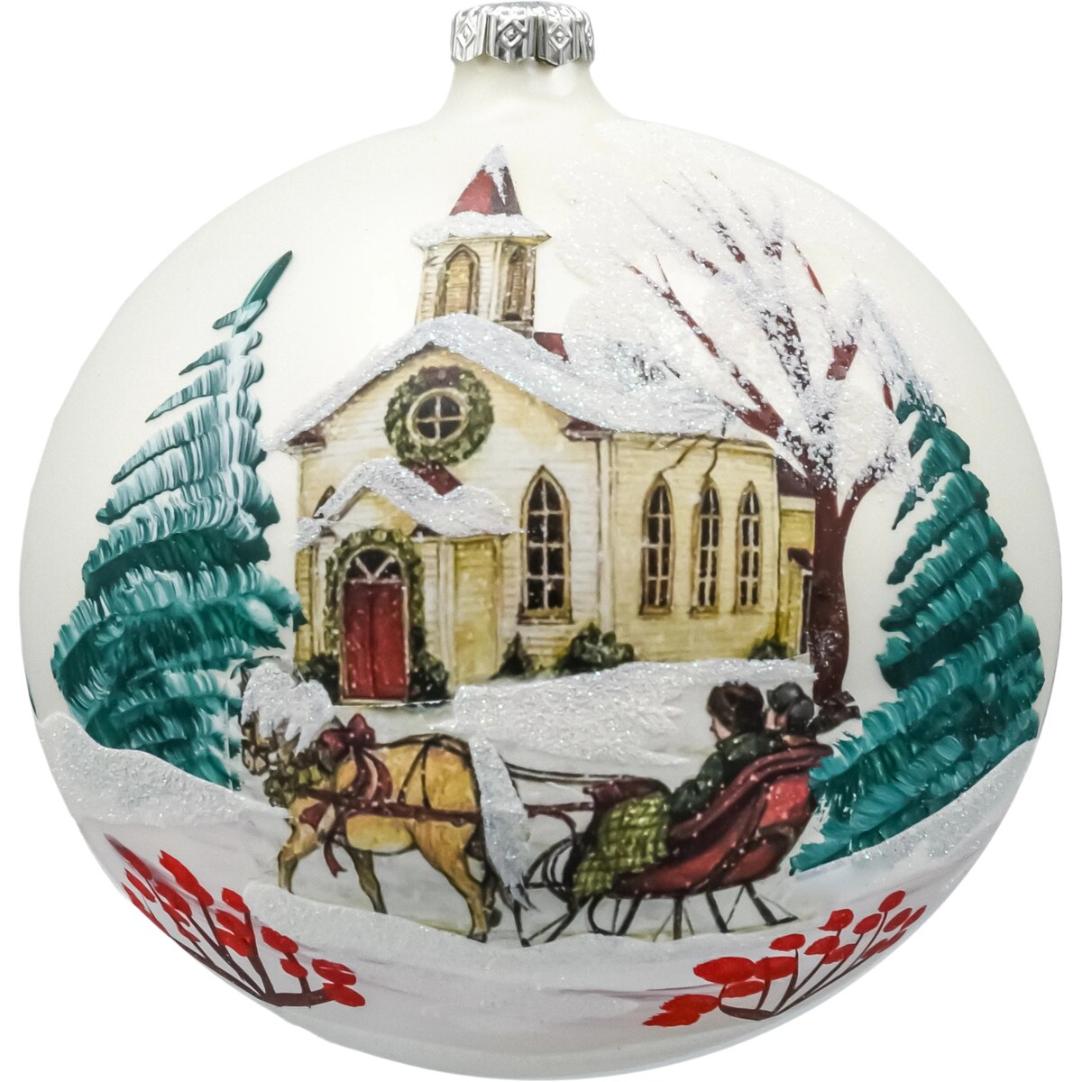 Bombka okrągła: Ośnieżony Kościółek z saniami