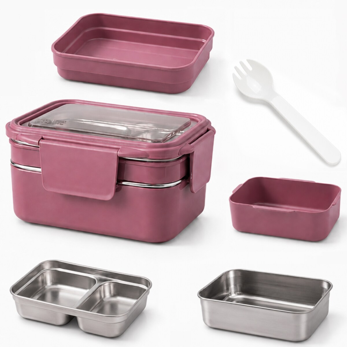 Śniadaniówka LUNCH BOX z widelcem, stal nierdzewna, 2 poziomy, ciemny róż PJM50CR