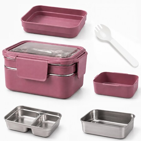 Śniadaniówka LUNCH BOX z widelcem, stal nierdzewna, 2 poziomy, ciemny róż PJM50CR