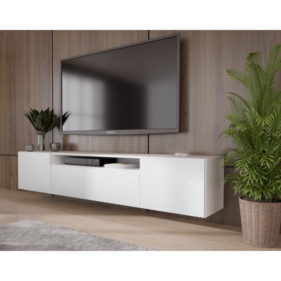 Szafka RTV NIKOL 200 cm, wisząca pod telewizor, frezowane fronty- biała