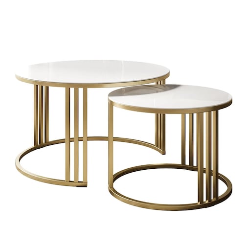 Okrągły stolik kawowy 2w1 LORI GLASS złoto szczotkowane, blat białe szkło
