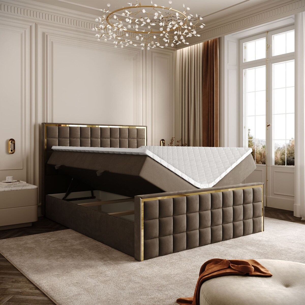 Łóżko kontynentalne ISADORA II GOLD, pojemnik na pościel, 140x200, RV 196, topper