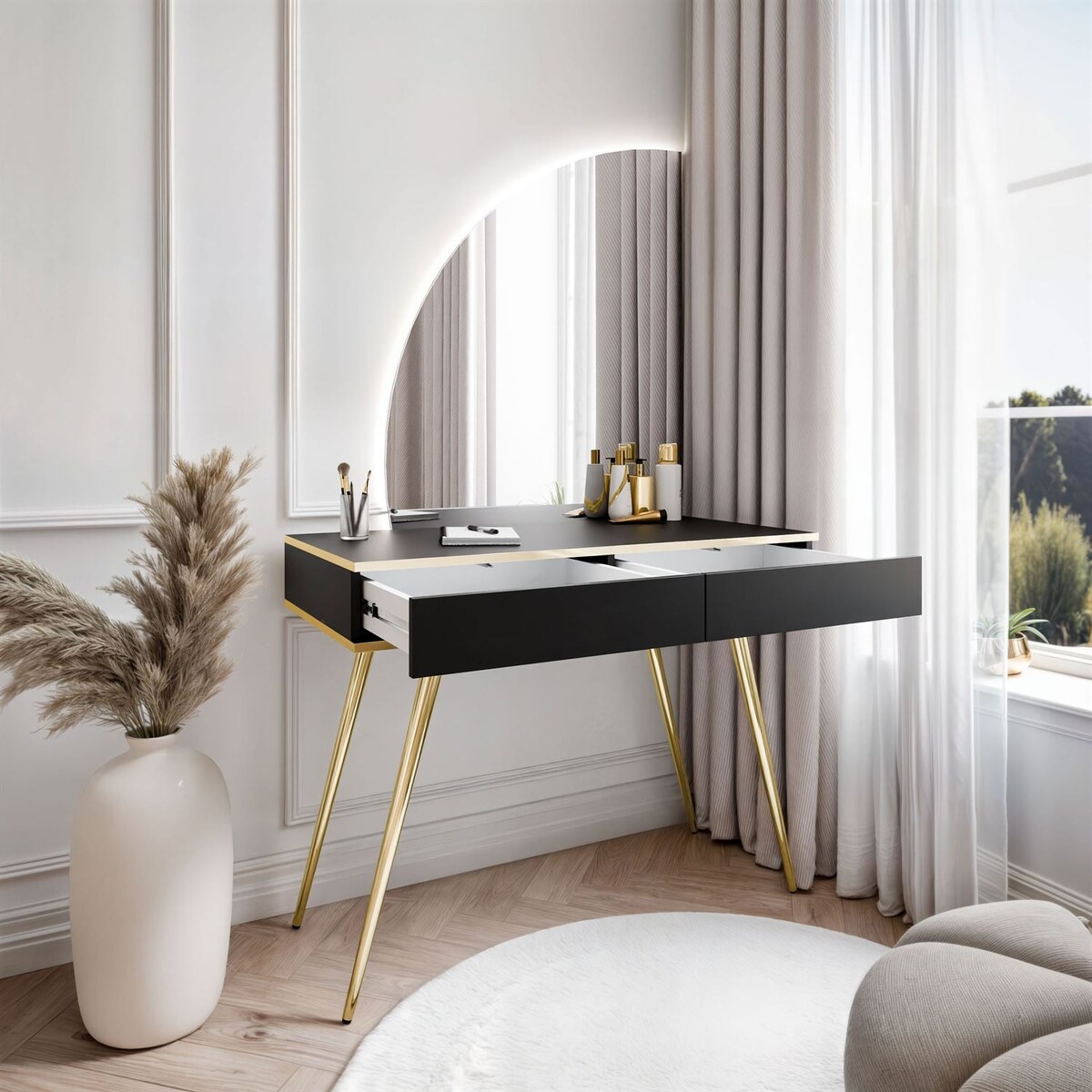 Toaletka OXFORD z lustrem i oświetleniem LED, lewa, czarna