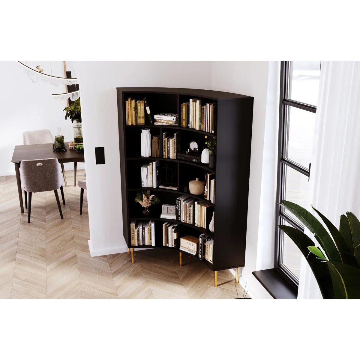 Nowoczesny narożny regał na książki Skandica HORN ze złotymi nogami / czarny