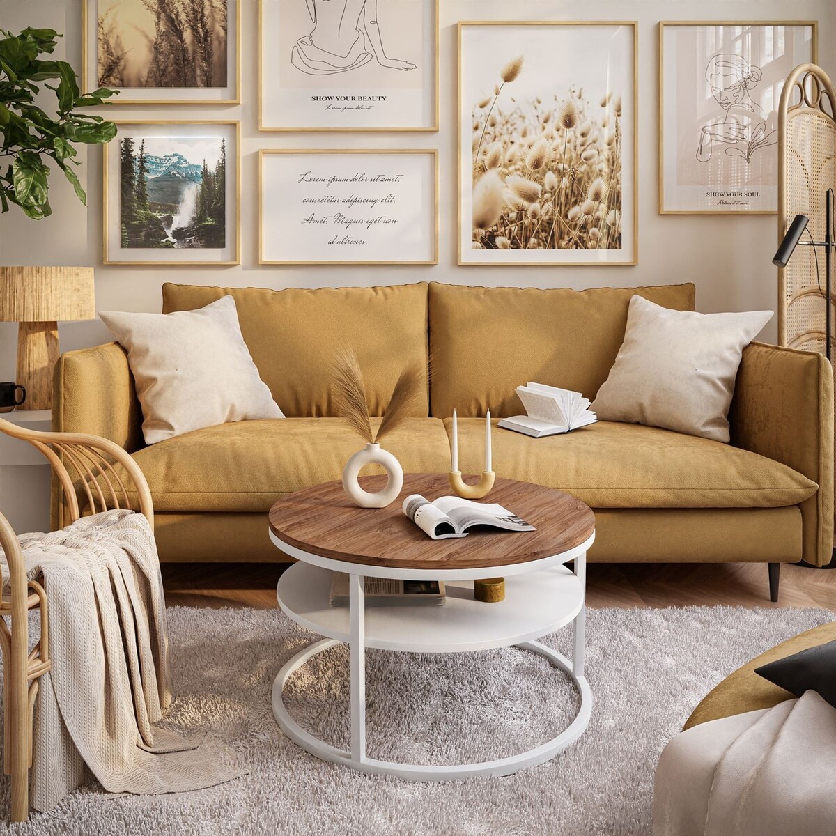 Stolik kawowy CIRI z półką biały dąb stirling