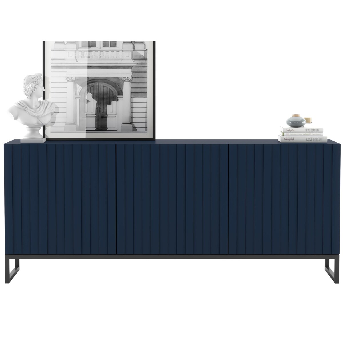 Komoda RTV Glamour Szafka RTV Loft Granatowy MAT 168 cm Czarna Rama Metalowa