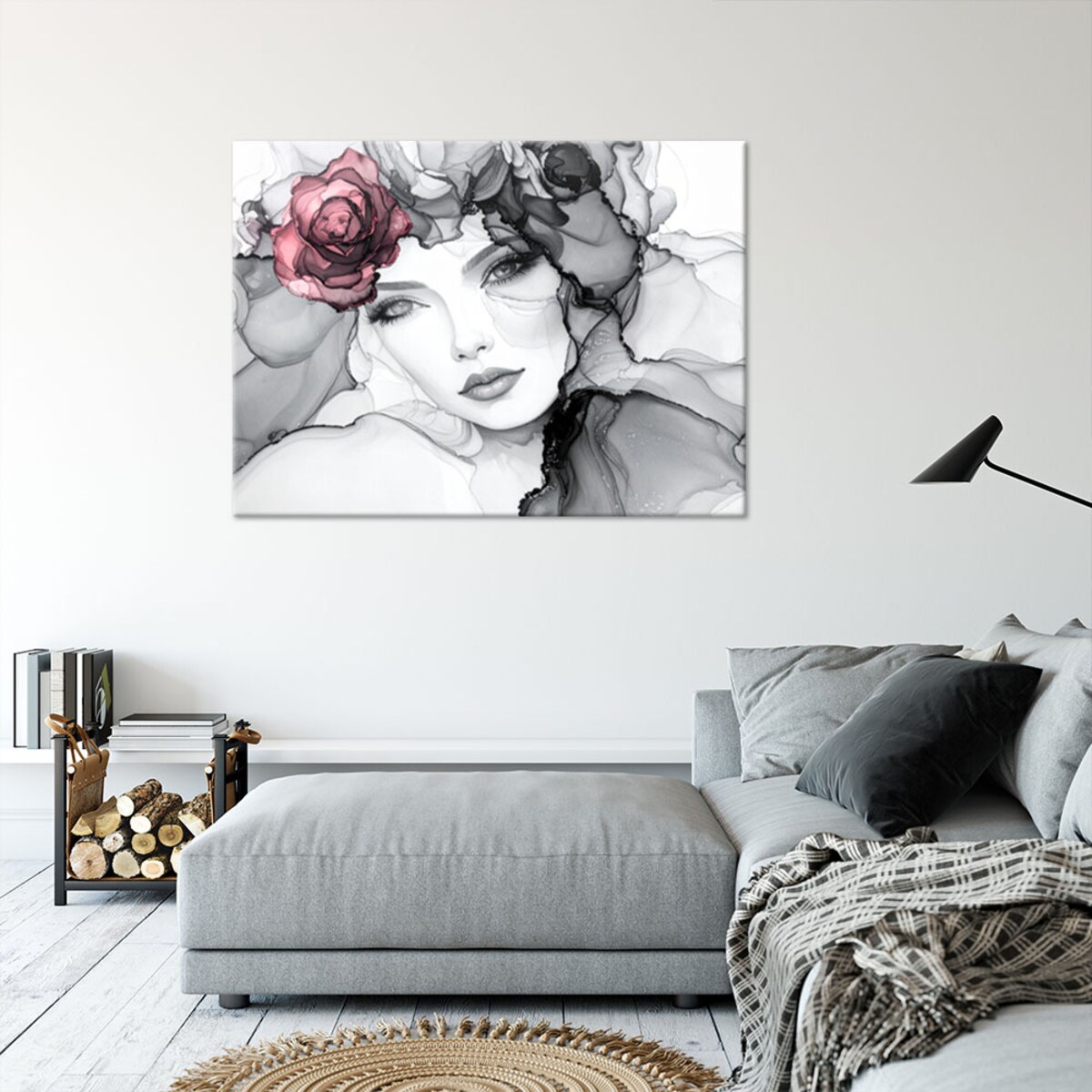 Obraz do salonu sypialni, Portret Kobieta z kwiatami na głowie 120x80