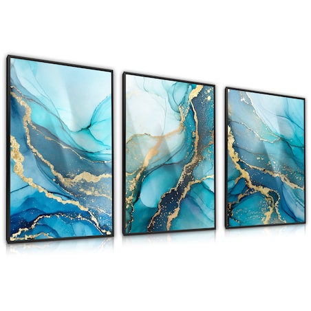 ZESTAW 3X PLAKAT W RAMIE DO SALONU NIEBIESKI MARMUR STYL GLAMOUR 60x80cm