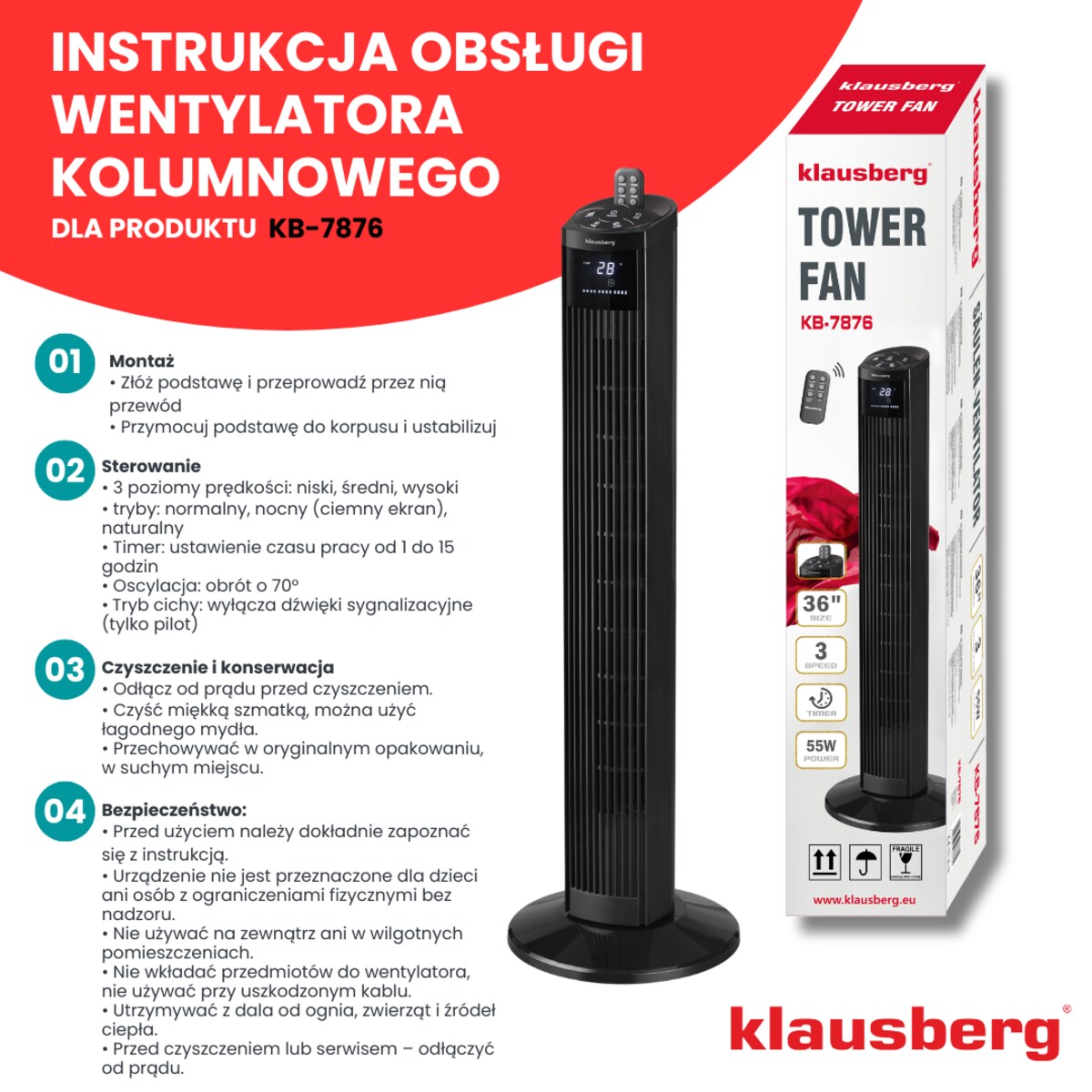 Wentylator kolumnowy podłogowy z pilotem 55W KLAUSBERG