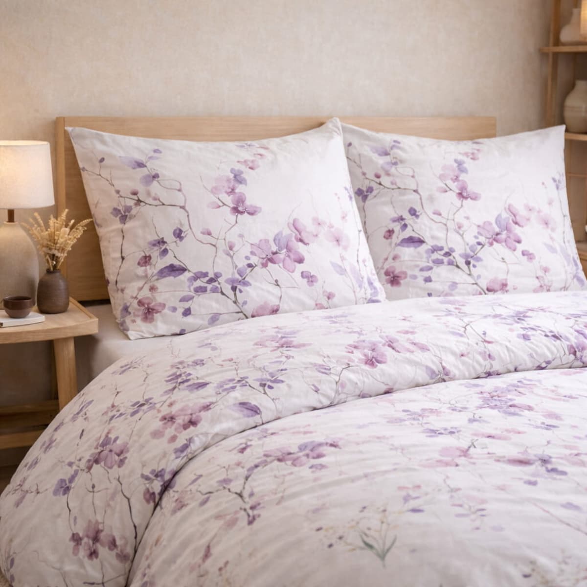 Pościel bawełniana Sakura 160x200 cm biała fioletowa