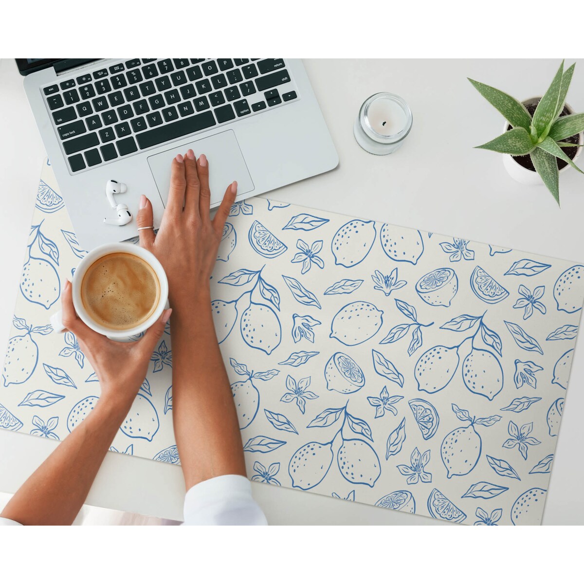 Niebieska mata na biurko Cytrynowy wzór retro, 90x45 cm