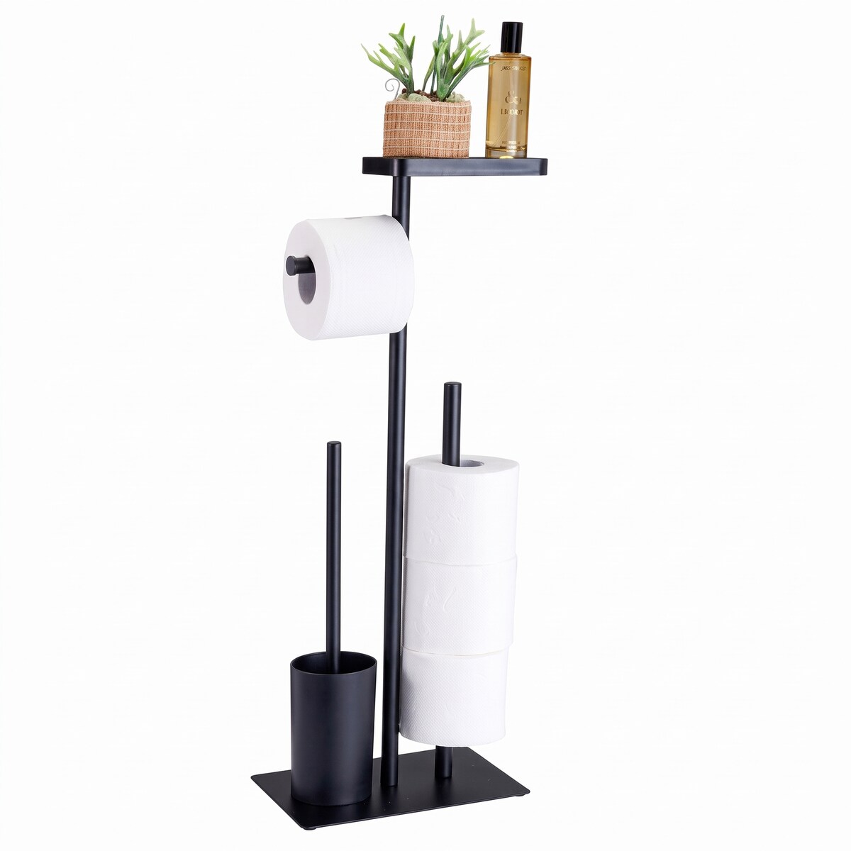 Stojak na papier toaletowy ze szczotką do WC i półką na telefon, 26 x 18 x 68 cm, kolor czarny