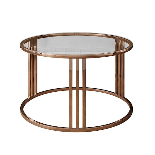 Okrągły stolik kawowy LORI GLASS z miedzianym stelażem, przezroczyste szkło