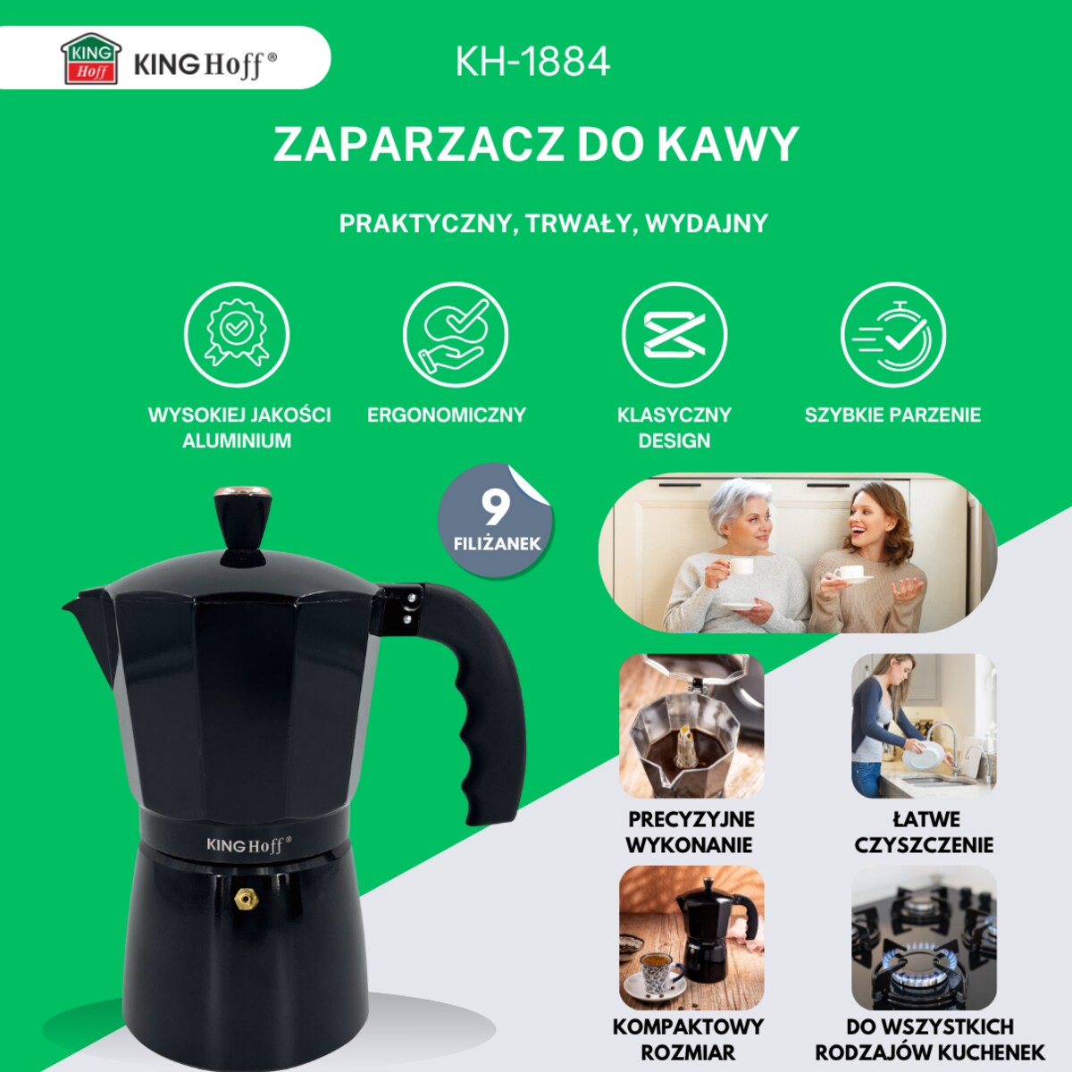 Kawiarka espresso Kafeterka ciśnieniowa indukcja KINGHOFF 450ml 9 filiżanek