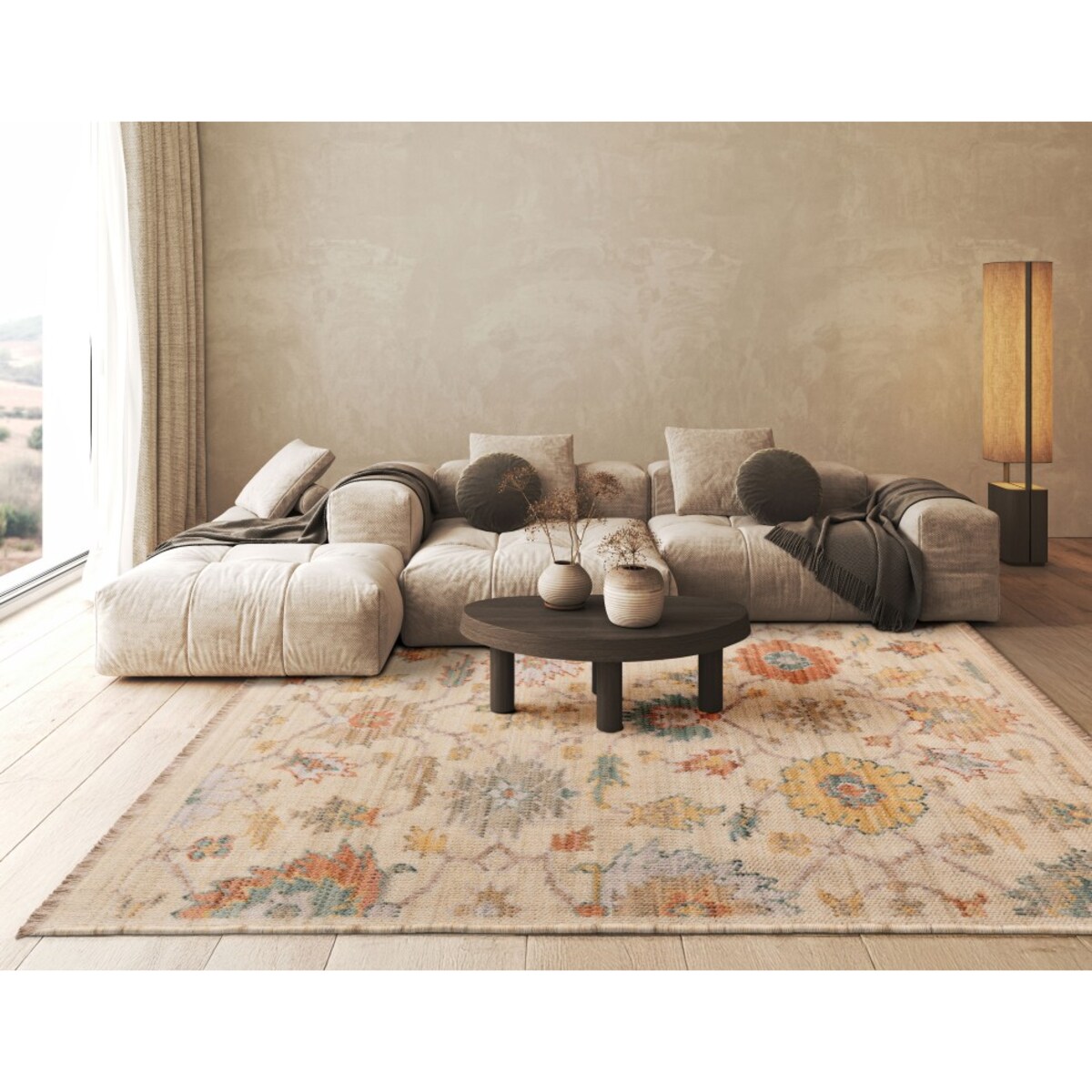 Dywan Wełniany Royal Wool 160x220 cm z frędzlami kwiaty beżowy