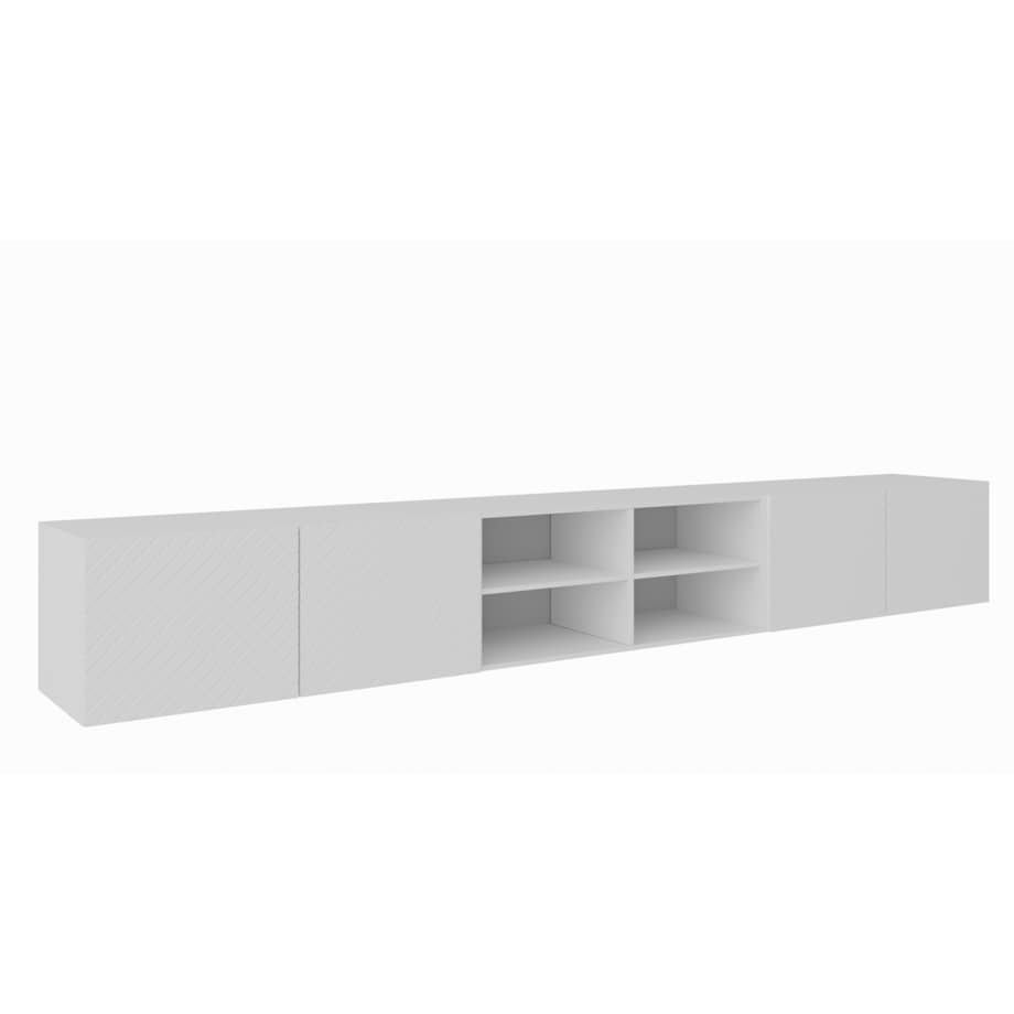 Szafka RTV NIKOL 300 cm pod telewizor, frezowane fronty, z półkami- biała