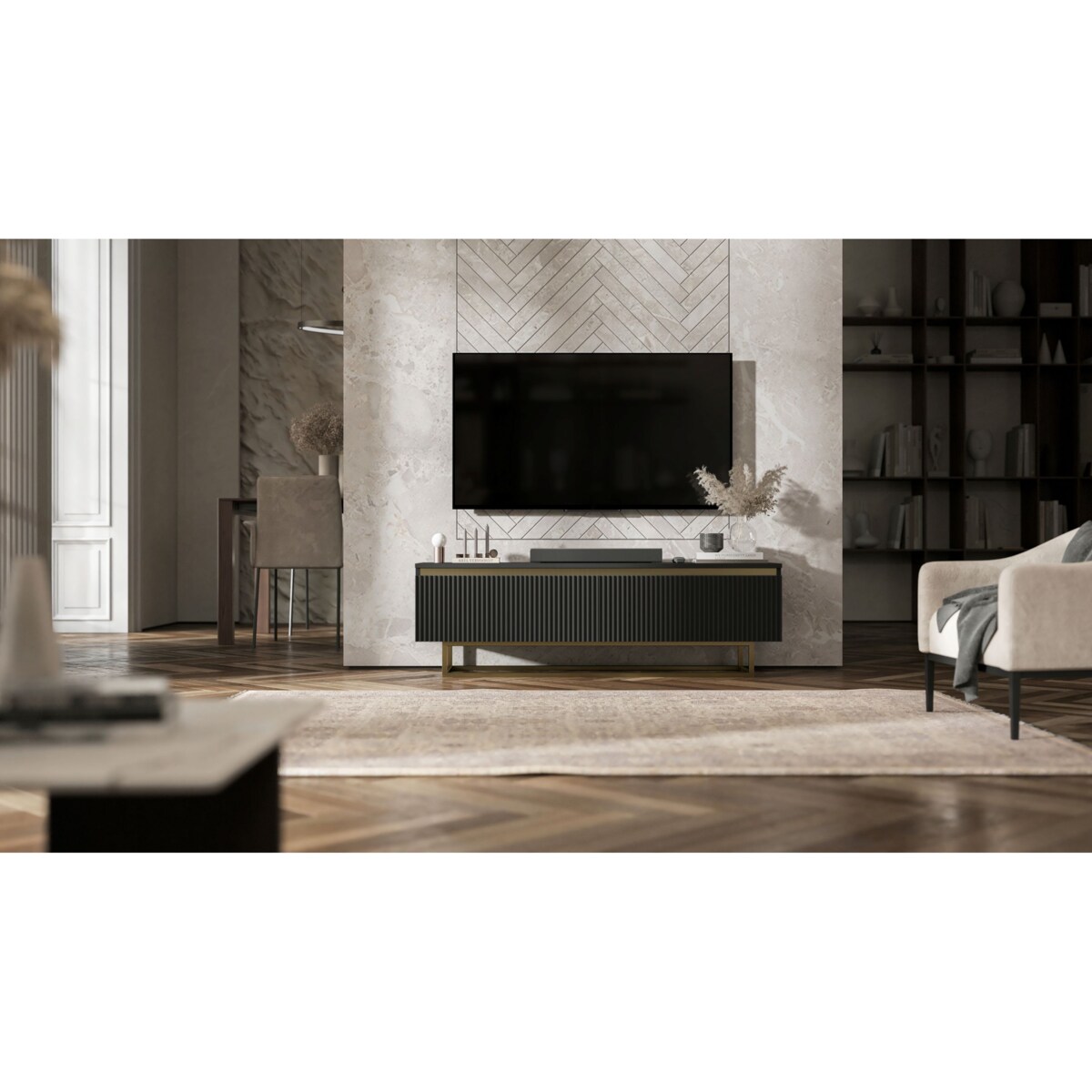 Nowoczesna Szafka RTV Glamour Komoda RTV Czarny Mat 140 cm złote akcenty