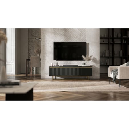 Nowoczesna Szafka RTV Glamour Komoda RTV Czarny Mat 140 cm złote akcenty