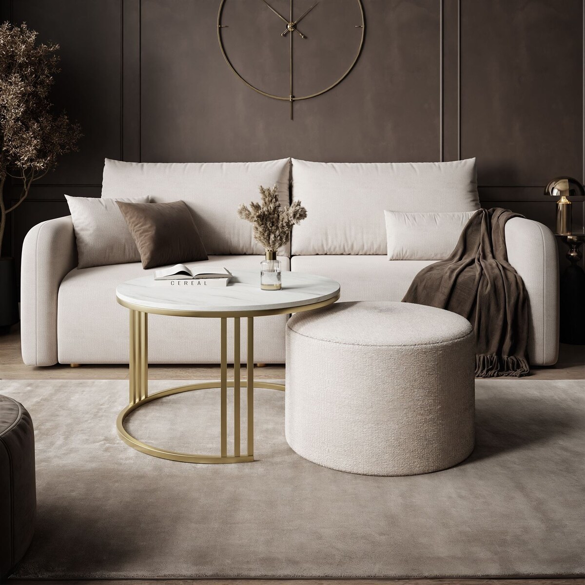Stolik kawowy z pufą LORI MAT złoto szczotkowane, Marmur Levanto / Perfect Harmony 01