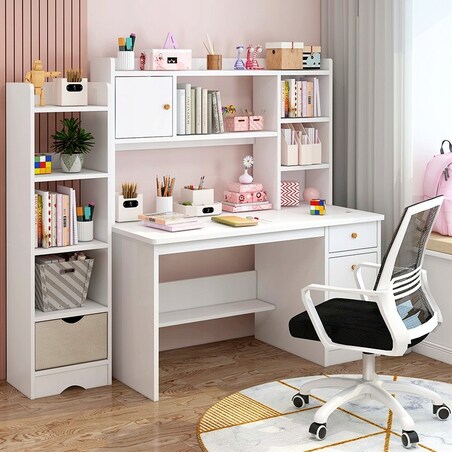 Biurko komputerowe białe loft pod laptop komputer skandynawski z 7 półkami