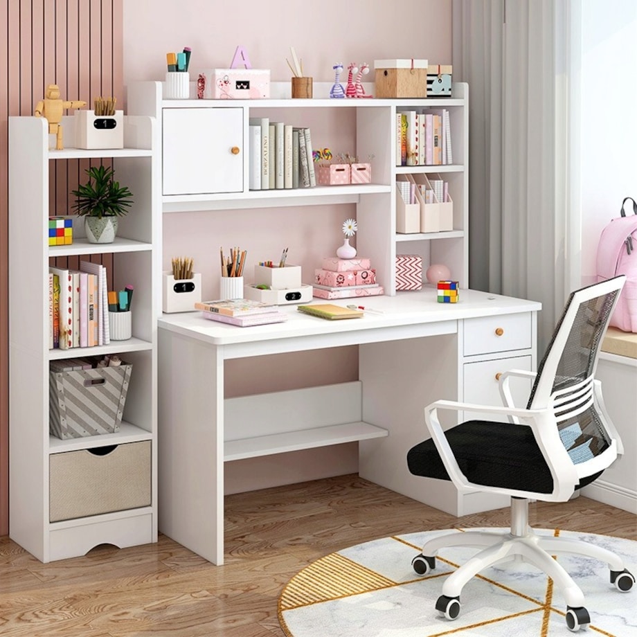 Biurko komputerowe białe loft pod laptop komputer skandynawski z 7 półkami