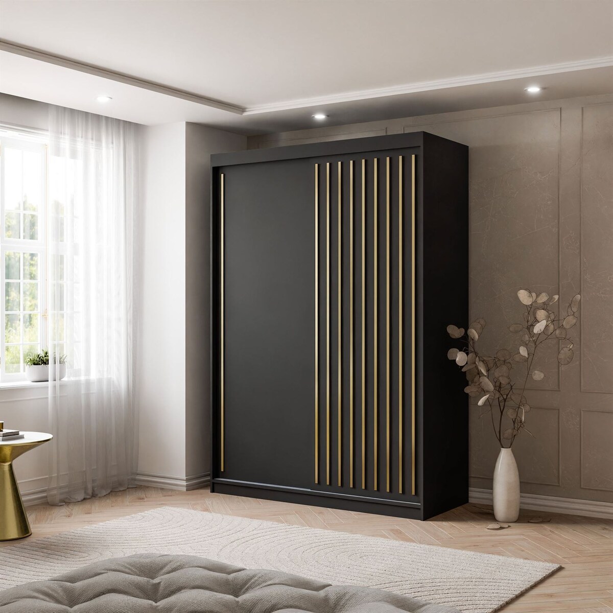 Szafa przesuwna AURIS 150 cm ze złotymi listwami, czarna