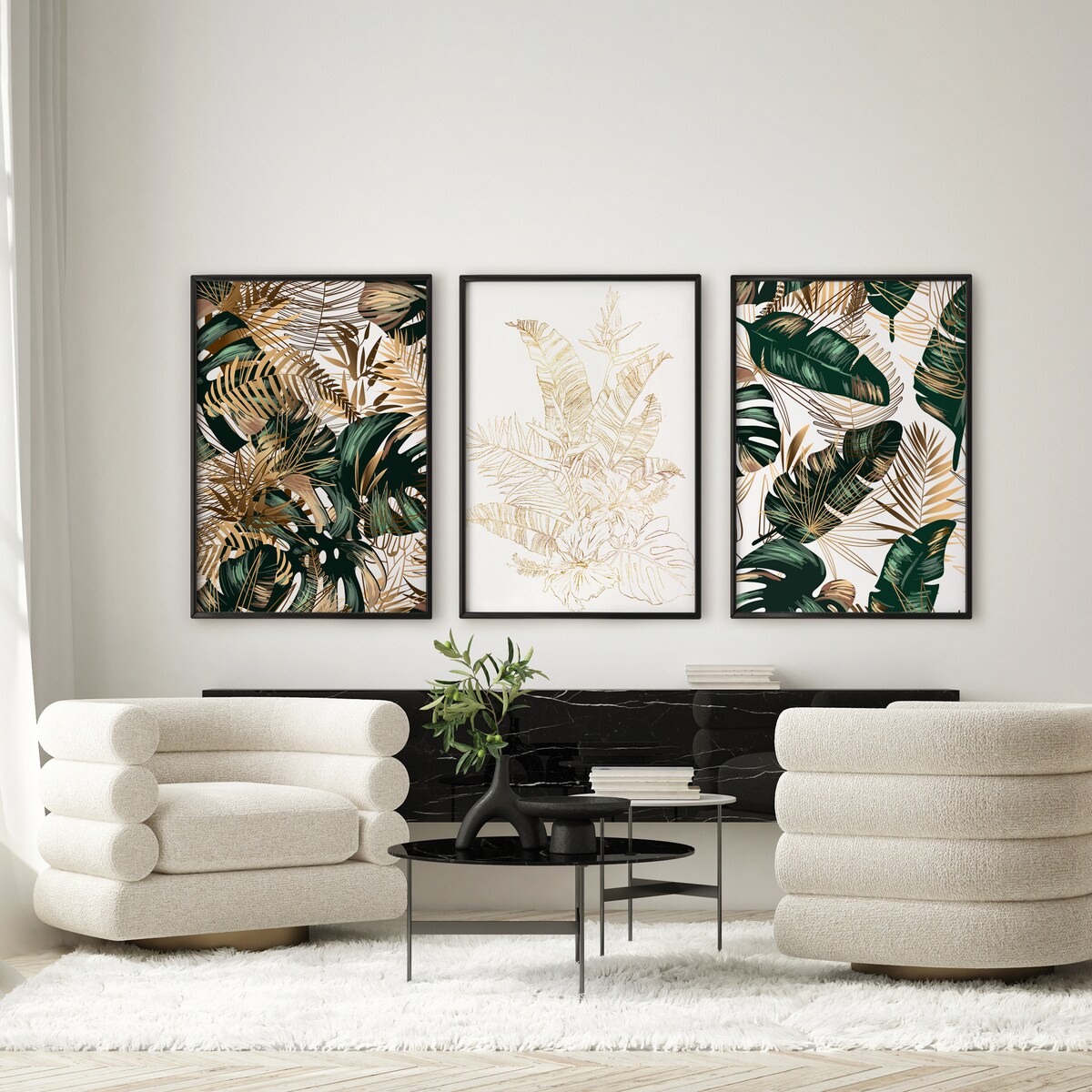 ZESTAW 3X PLAKAT W RAMIE LIŚCIE BANANOWE PALMY GLAMOUR ABSTRAKCJA 30x40cm