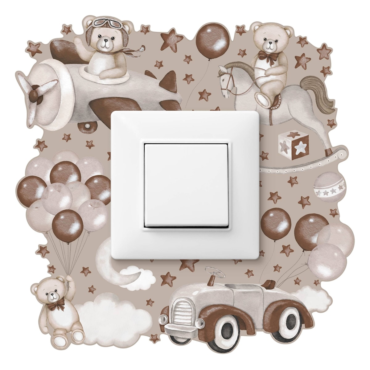 Naklejka Pod Włącznik Dla Dzieci Misie Chmurki Balony Gwiazdki Styl Vintage 20x20cm